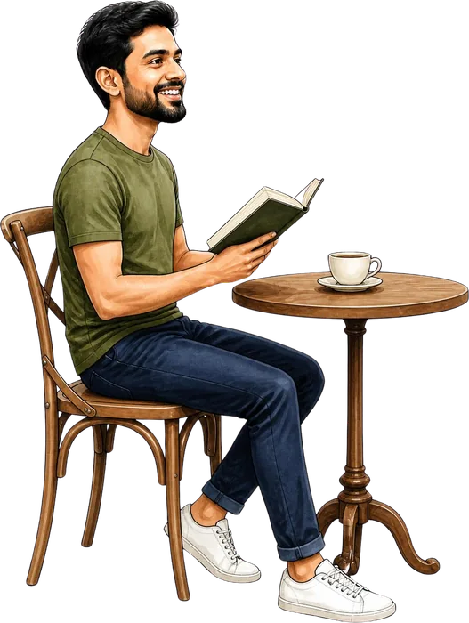 Arpan reading a book at a café table