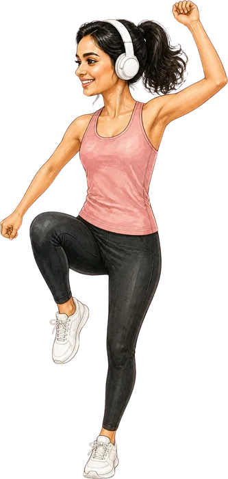 Soumya dancing in workout clothes with headphones on