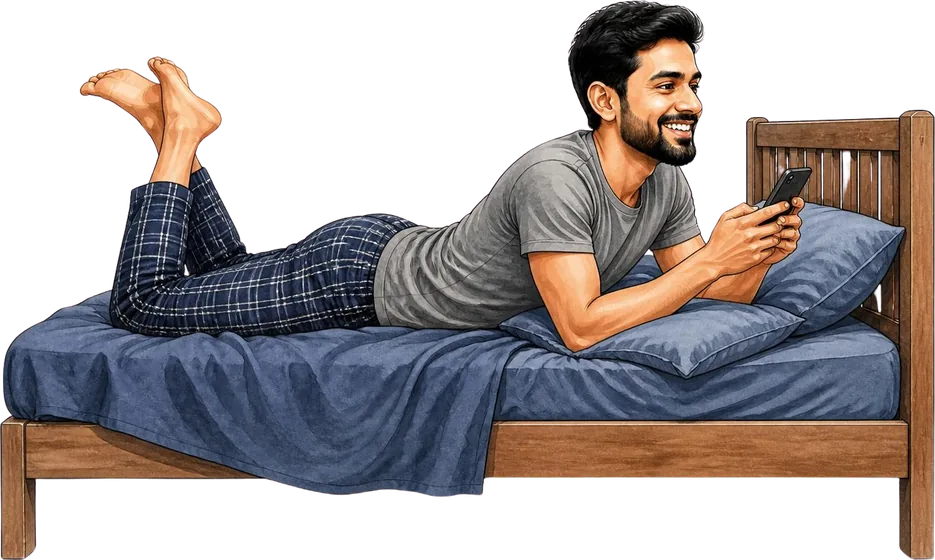 Arpan on his bed at night, grinning at his phone