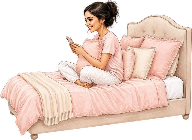 Soumya sitting cross-legged on her bed, typing on her phone