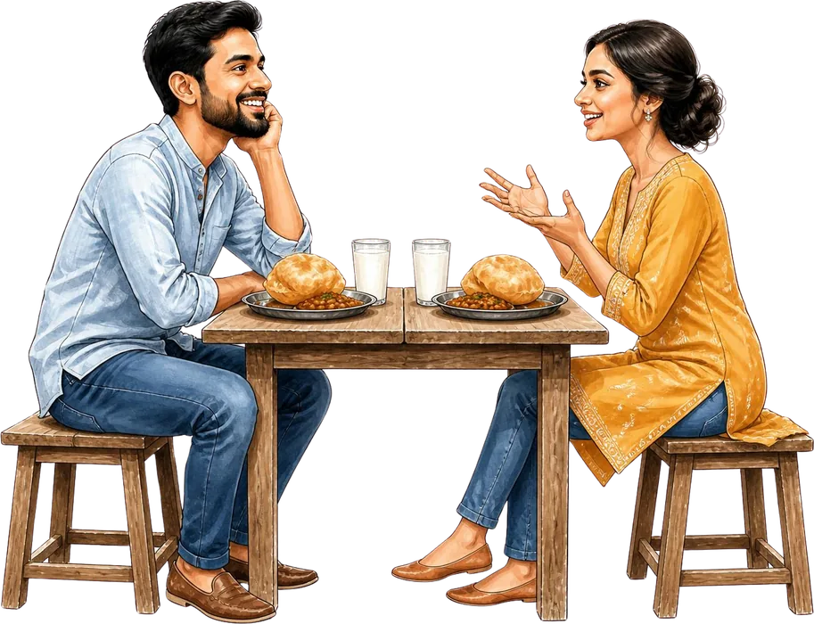 Soumya talking with both hands while Arpan listens, chin on hand, over chole bhature
