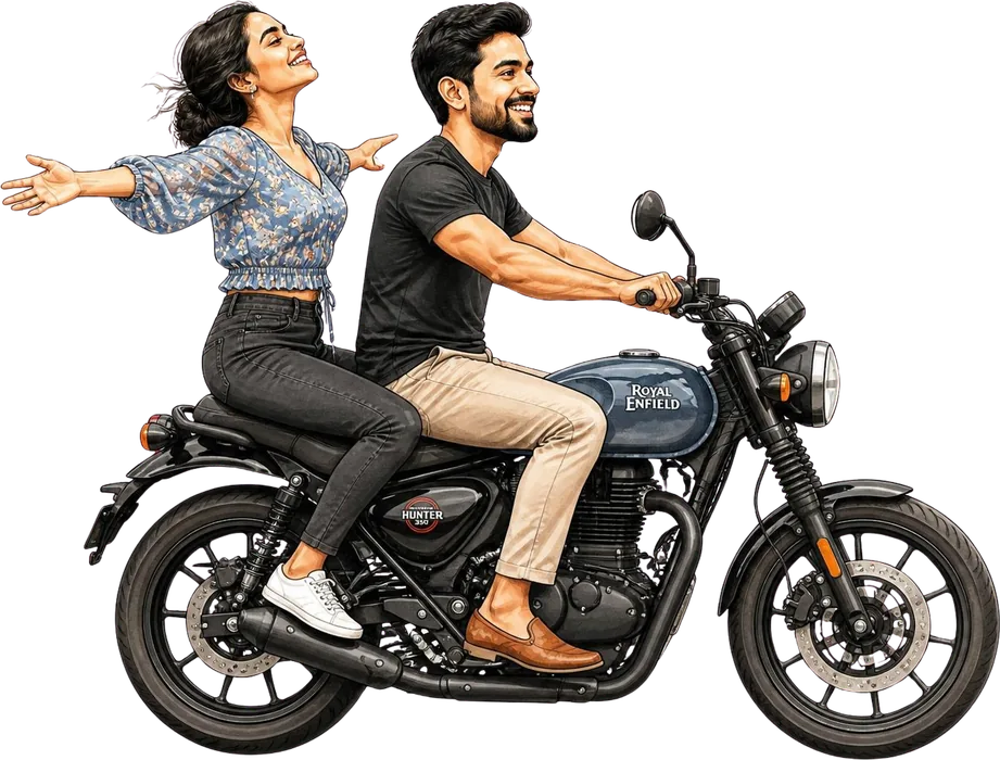 Arpan riding the Hunter 350 in the rain while Soumya spreads her arms wide