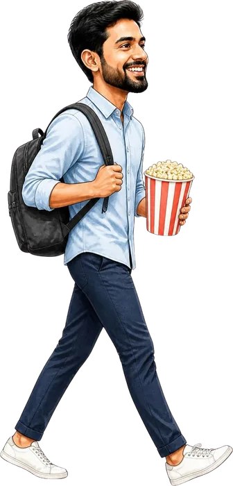 Arpan after office with a popcorn tub