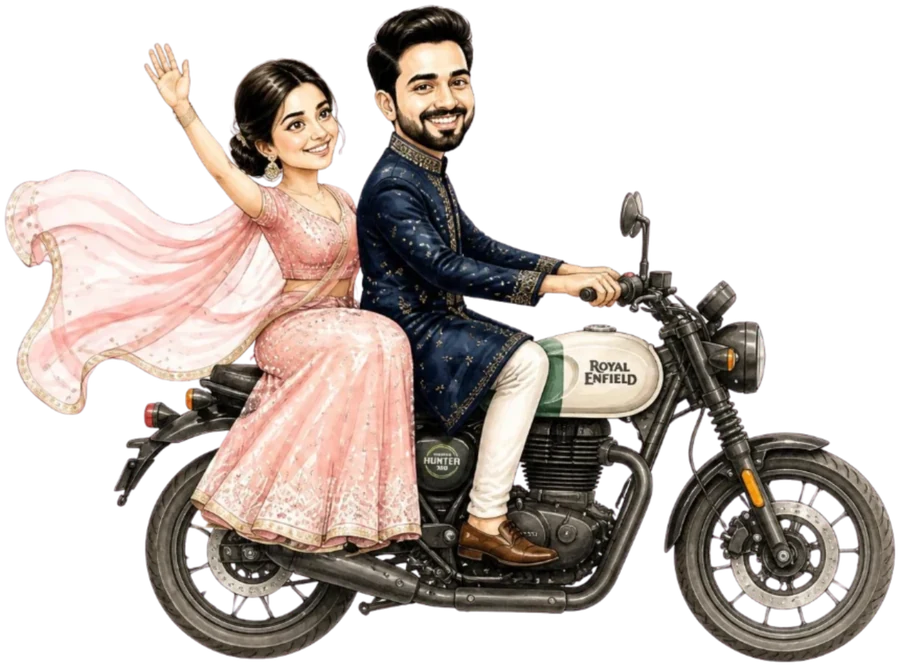 Soumya and Arpan riding a Royal Enfield Hunter 350, Soumya waving